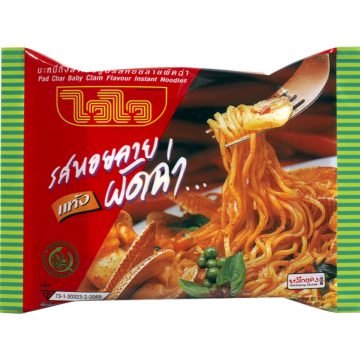 Packet of Wai Wai Instant Noodles Pad Char Baby Clam 60g, spicy Thai stir-fried style noodles
