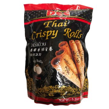 Bag of Dee Thai Crispy Rolls Coconut Flavour (150g), crispy coconut wafers with black sesame