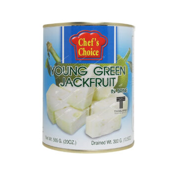Can of Chef's Choice Young Green Jackfruit in Brine 565g, vegan meat substitute for Thai cooking