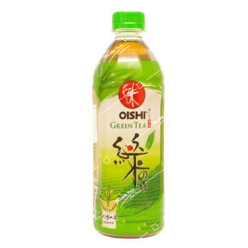 Bottle of Oishi Green Tea Original 500ml, authentic refreshing Thai green tea beverage, vegan and gluten-free