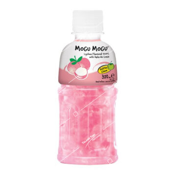 Bottle of Mogu Mogu Nata de Coco Lychee Flavored 320ml, refreshing Thai lychee fruit drink with chewy coconut jelly