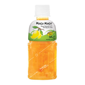 Bottle of Mogu Mogu Mango Flavored Drink 320ml with chewy Nata de Coco, refreshing Thai fruit drink