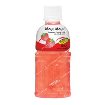 Bottle of Mogu Mogu Strawberry Flavored Drink 320ml with chewy Nata de Coco pieces