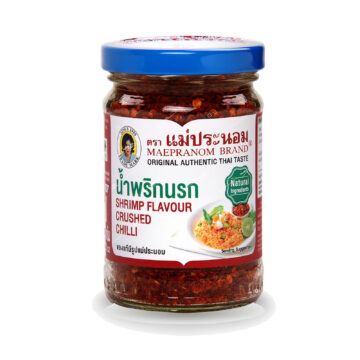 Jar of Mae Pranom Shrimp Flavour Crushed Chili 134g, authentic spicy Thai dry chili paste (Nam Prik Narok)