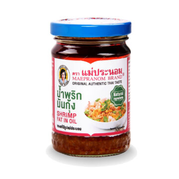 Jar of Mae Pranom Shrimp Paste in Oil 180g, authentic Thai savory shrimp fat condiment