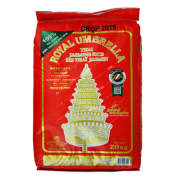 Large red bag of Royal Umbrella Thai Jasmine Rice 20kg, premium 100% Thai Hom Mali Rice