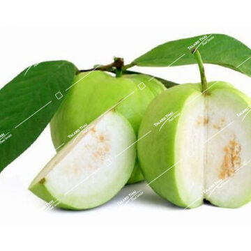 Fresh Farang guava with light green skin, sliced to show its white, juicy flesh.