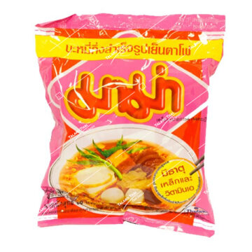 Mama Instant Noodles Yentafo flavor, featuring a pink noodle soup with fish balls, soy sauce, and tofu.