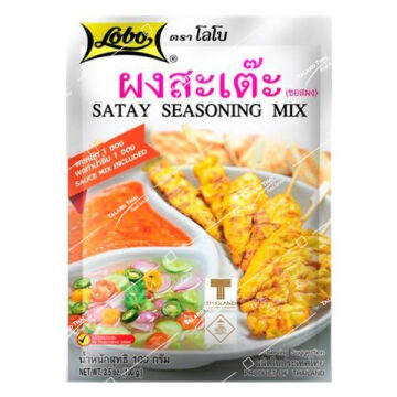 Packet of Lobo Satay Seasoning Mix 100g, includes marinade and peanut sauce mix for authentic Thai satay