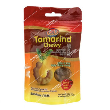 80g bag of Double Seahorse Tamarind Chewy Spicy and Sour, seedless Thai fruit candy with a spicy kick