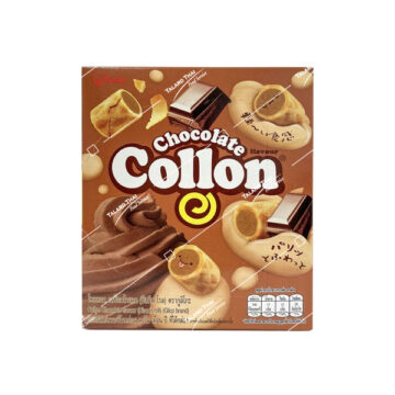 Box of Glico Collon Biscuit Chocolate flavor 41g, crispy biscuit rolls with rich chocolate cream filling