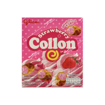 Box of Glico Collon Biscuit Strawberry flavor 41g, crispy Thai biscuit rolls with sweet strawberry cream filling