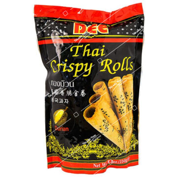 Bag of Dee Crispy Rolls Durian Flavour 150g, authentic Thai crispy coconut rolls with durian aroma