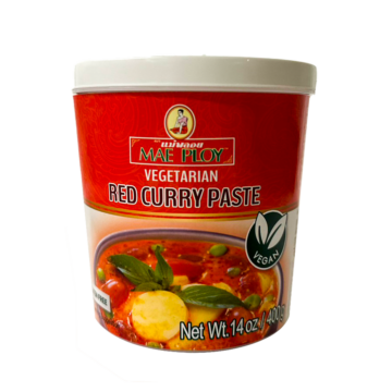 Tub of Mae Ploy Red Curry Paste (Vegetarian) 400g, vegan and gluten-free Thai paste