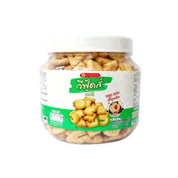 Large jar of Vfoods ABC Biscuits (320g), crunchy letter-shaped salty Thai snacks