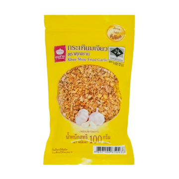 Khun Shine Fried Garlic 100g yellow zip-lock bag packaging.