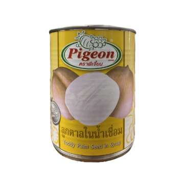 Pigeon Brand Toddy Palm Seed in Syrup 565g can showing white palm seeds.