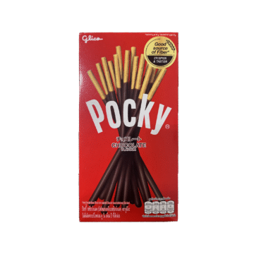 Glico Pocky Chocolate Flavour 45g red box featuring chocolate coated biscuit sticks.