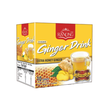 Ranong Tea Instant Ginger Drink Extra Honey packaging (10 sachets) with honey comb and ginger image.