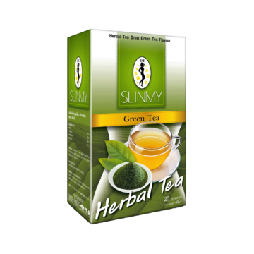 Slinmy Herbal Tea Green Tea Flavour box (20 teabags) with green tea cup image.