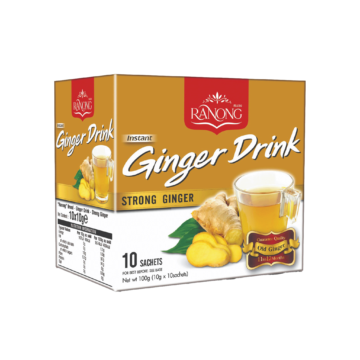 Ranong Tea Instant Ginger Drink Strong Formula box (10 sachets) with a cup of hot ginger tea.