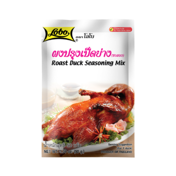 Lobo Roast Duck Seasoning Mix 50g packaging showing whole roasted duck with red skin.