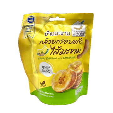 Bag of Tamarind House Crispy Banana with Tamarind Jam 45g, award-winning vegan Thai snack